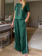Women's Round Neck Short Sleeve Casual Loose Top High Waist Casual Loose Wide Leg Pants Cotton Linen Set