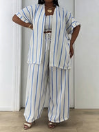 Casual & Relaxed Striped Linen-cotton Three-piece Set: Bandeau Top, Cardigan, And Pants