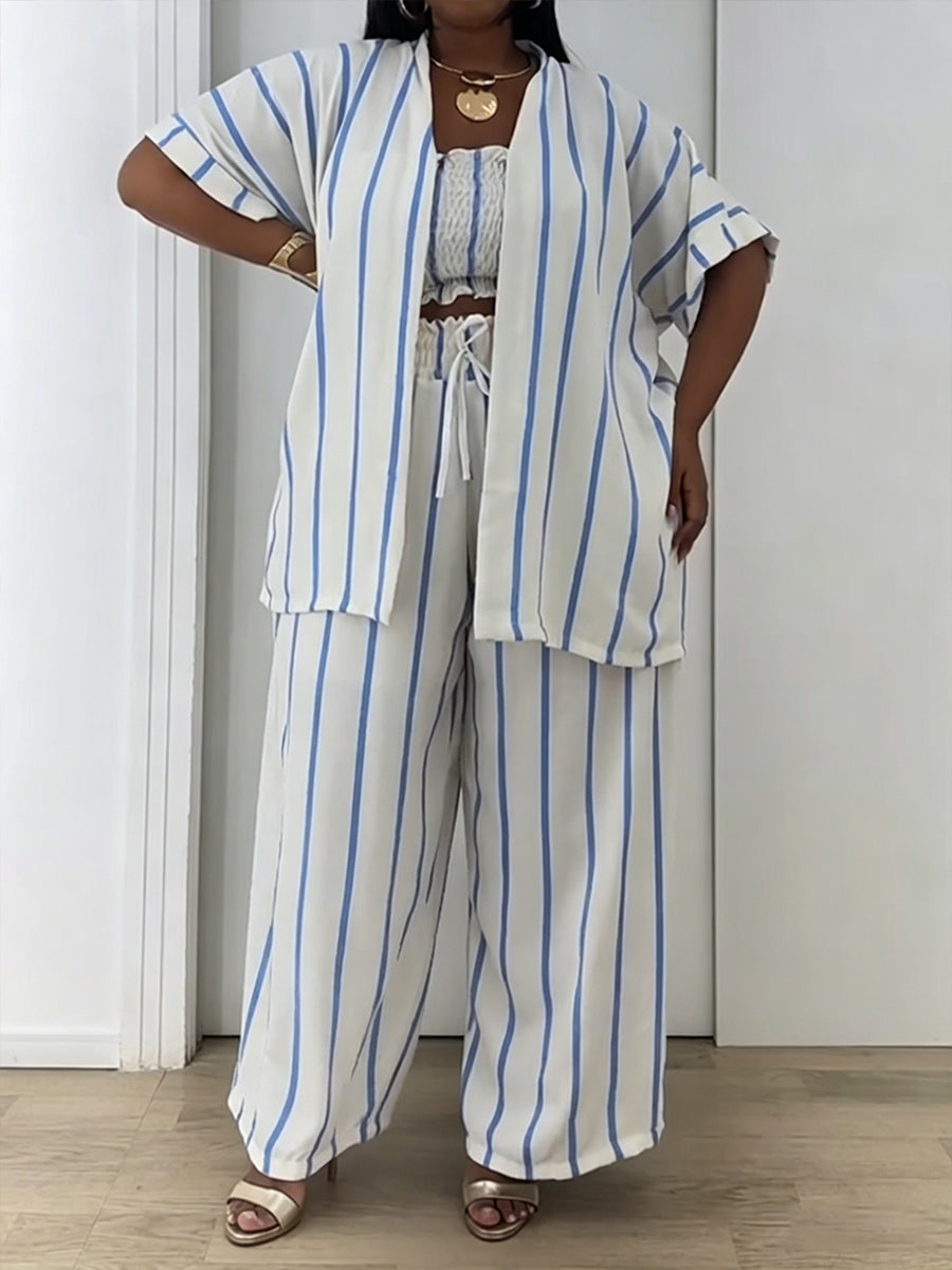 Casual & Relaxed Striped Linen-cotton Three-piece Set: Bandeau Top, Cardigan, And Pants