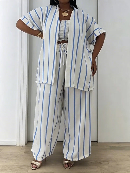 Casual & Relaxed Striped Linen-cotton Three-piece Set: Bandeau Top, Cardigan, And Pants