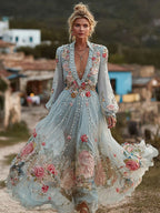 Women's Vintage Bohemian Floral Embroidered Casual Long Sleeve Dress