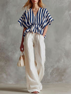 Women's striped printed V-neck 3/4 sleeve casual loose cotton linen top and solid color high-waisted wide-leg pants cotton linen set