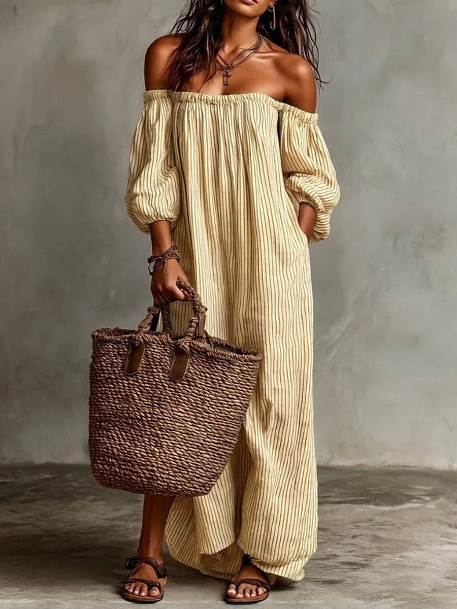 Women's Classic Striped Off-the-shoulder Cotton-linen Dress