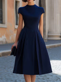 Navy Blue High Neck Cap Sleeve Inverted Pleat A-Line Midi Dress
