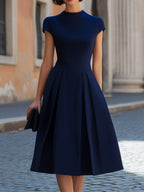 Navy Blue High Neck Cap Sleeve Inverted Pleat A-Line Midi Dress