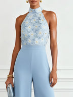 Women Light Blue 3D Floral Halter Neck Sleeveless Dressy Jumpsuit