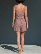 Women's Casual Loose-fit Striped Print Square-neck Spaghetti Strap Cotton-linen Romper