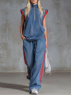 Casual Half-zip Sleeveless Denim Top And Pants Two-piece Set