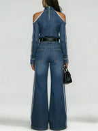 Stylish Off-shoulder White Trim Denim Top And Jeans Two-piece Set