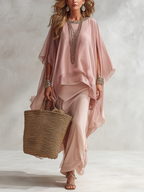 Smoky Pink Chiffon Flowy Batwing Sleeve Top And Skirt Set
