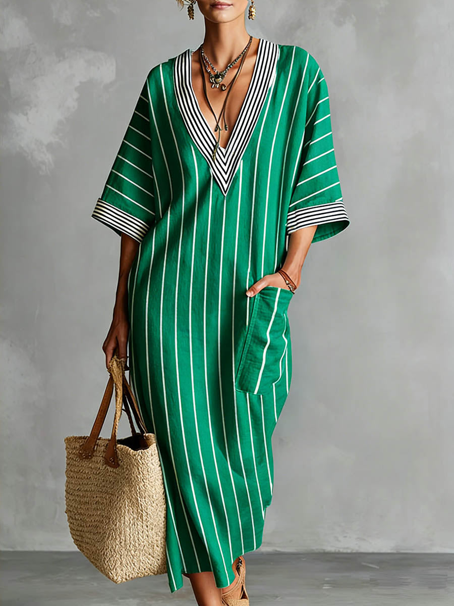 Women's Striped Printed V-neck 3/4 Sleeve Casual Loose Cotton Linen Dress