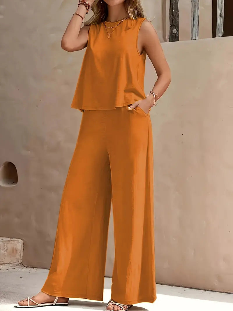 Women's Casual Crew Neck Top And Wide-leg Pants Set