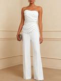 Women White Ruched Strapless Sleeveless Elegant Jumpsuit