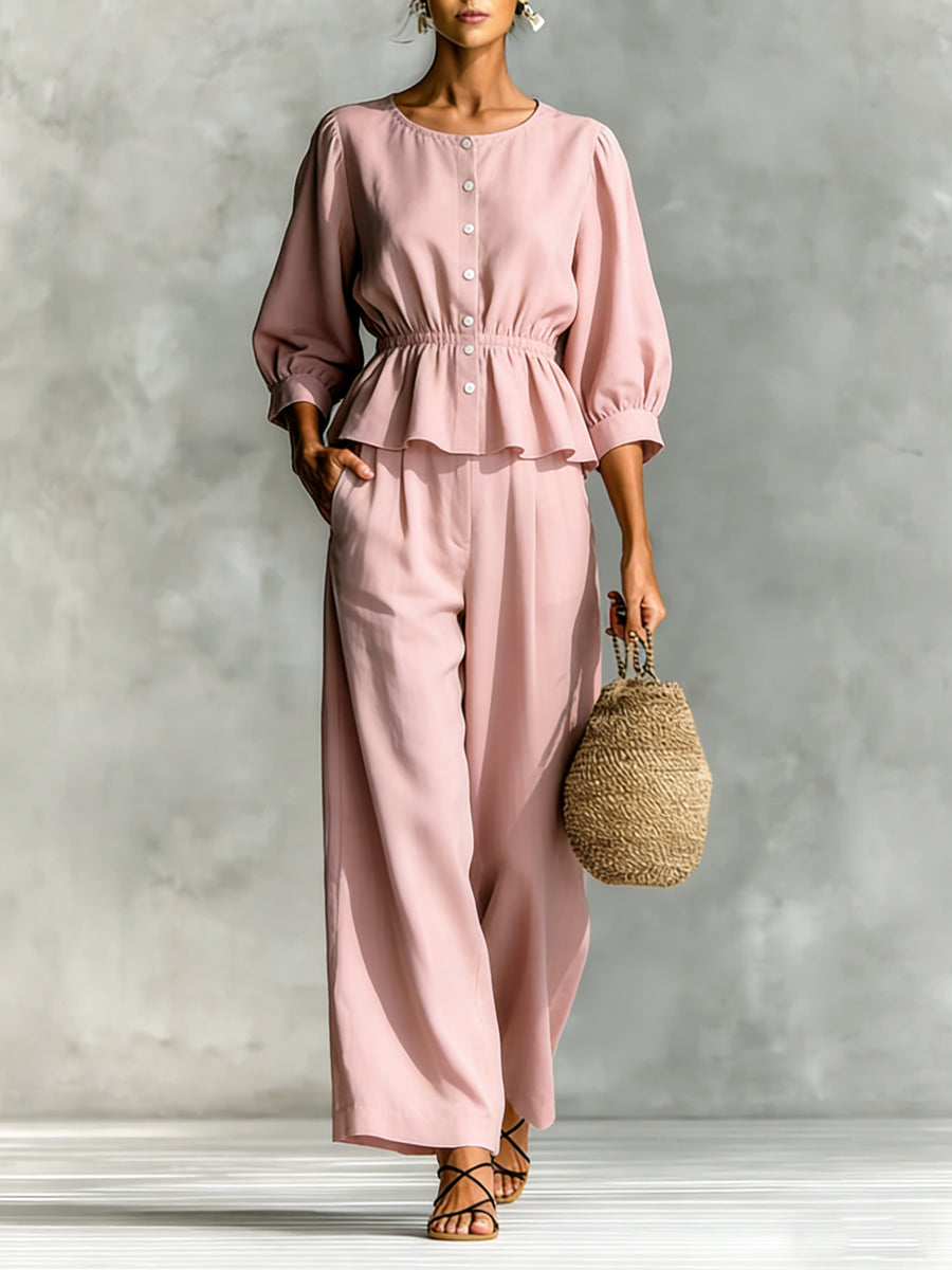 Women's Minimalist Casual Ruffle Cotton and Linen Set