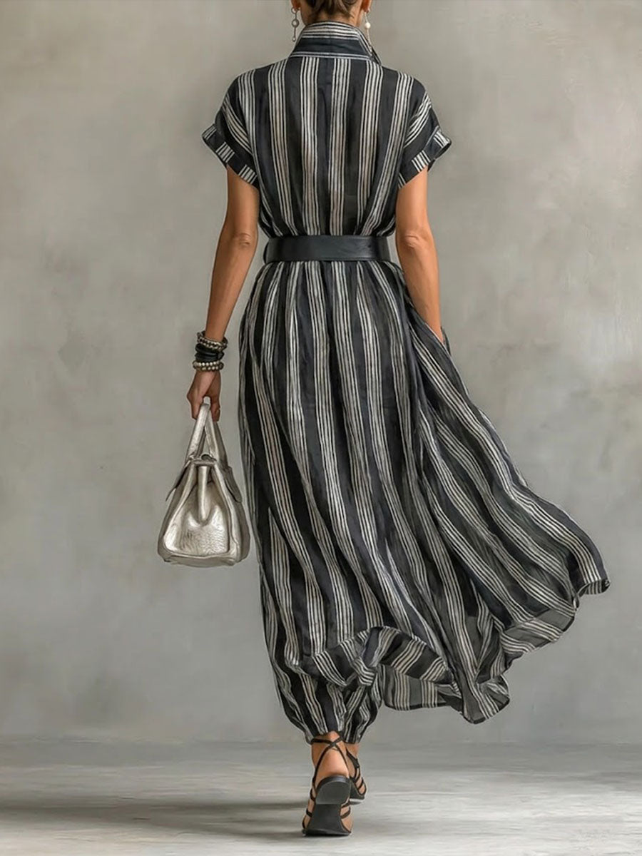 Women's Striped Printed Lapel Short-sleeved Casual Loose Cotton Linen Dress