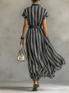 Women's Striped Printed Lapel Short-sleeved Casual Loose Cotton Linen Dress