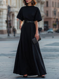 Round Neck Short Sleeve Belted A-Line Maxi Dress