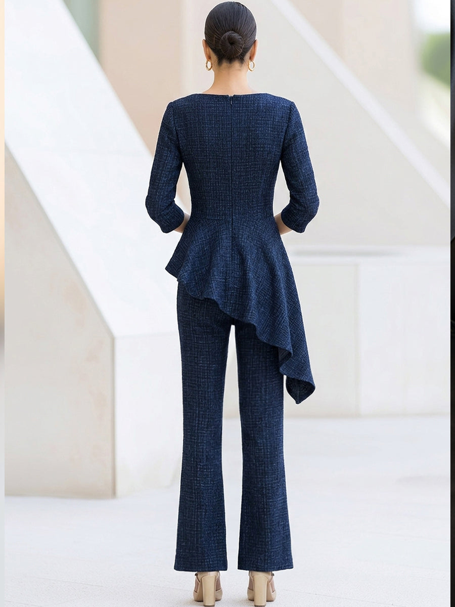 Asymmetric Draped Ruffle Flared Jumpsuit Two-Piece Set