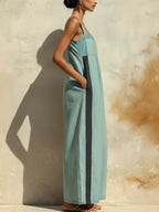 Tencel Denim Contrast Stripe Wide-Leg Jumpsuit