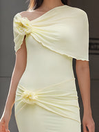 One-Shoulder Floral Draped Bodycon Maxi Dress