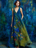 Vintage Floral Embroidered Contrast Linen Sleeveless Maxi Dress