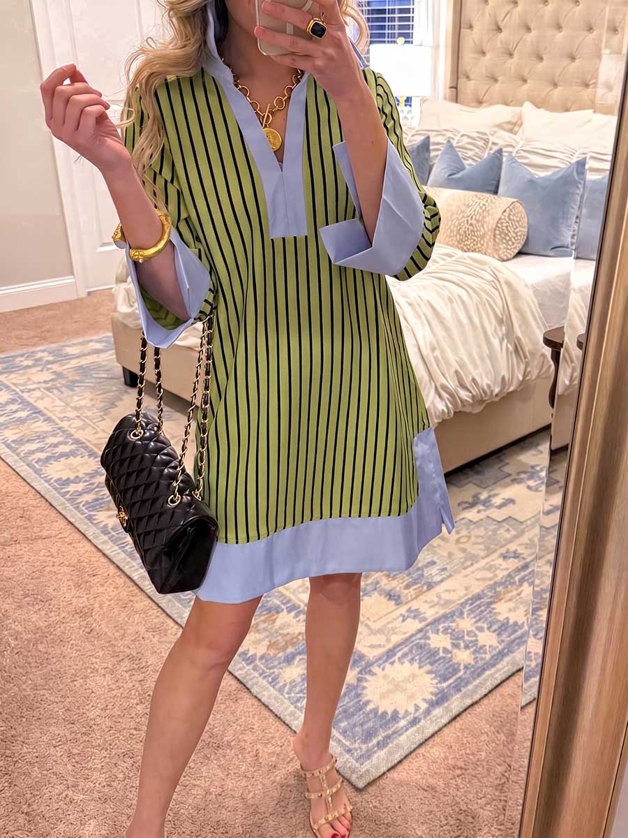 Women's Striped Print V-neck 3/4-sleeve Casual Loose Cotton-linen Dress