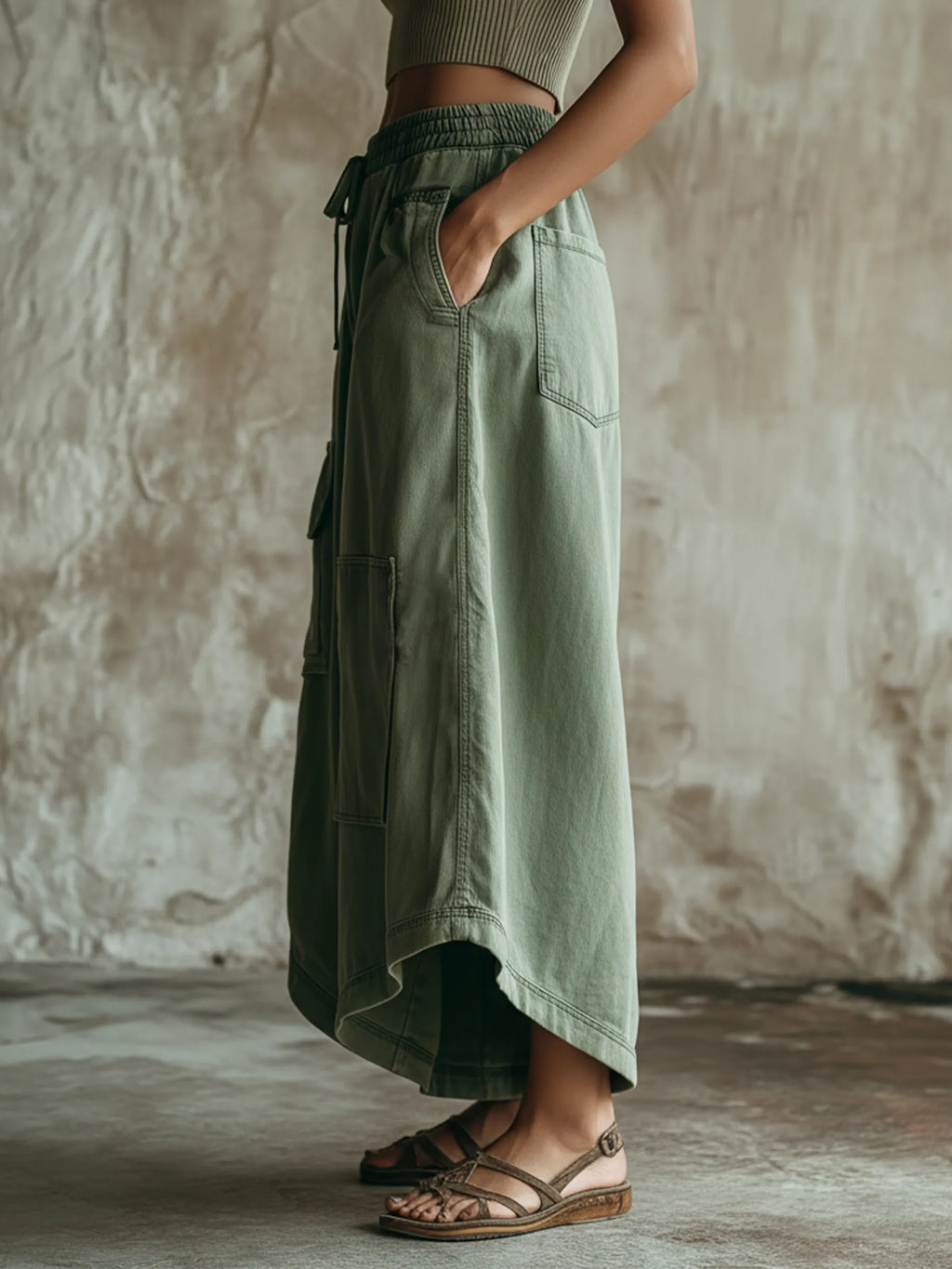 Olive Green Washed Denim Utility Wide-Leg Culottes