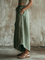 Olive Green Washed Denim Utility Wide-Leg Culottes