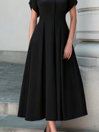 Stand Collar Pleated A-Line Maxi Dress
