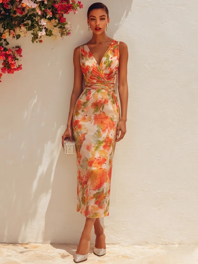 Orange Floral Chiffon V Neck Sleeveless Sheath Midi Dress