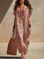Loose-fit Casual Striped Linen And Cotton Dress With Lace Paneling