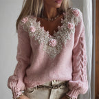 Vintage Pink Roses V Neck Cozy Knit Sweater