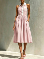 Striped Color-block Lapel Sleeveless A-line Dress With Cinched Waist
