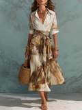 Gold And Brown Printed Shirt And Wrap Skirt Set