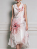 Sleeveless Draped Floral Asymmetric Midi Dress