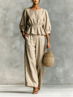 Women's Minimalist Casual Ruffle Cotton and Linen Set