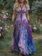Vintage Gradient Purple Floral Embroidered Linen Maxi Dress