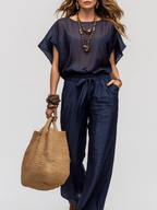 Resort-style Navy Blue Batwing Sleeve Wide-leg Suit