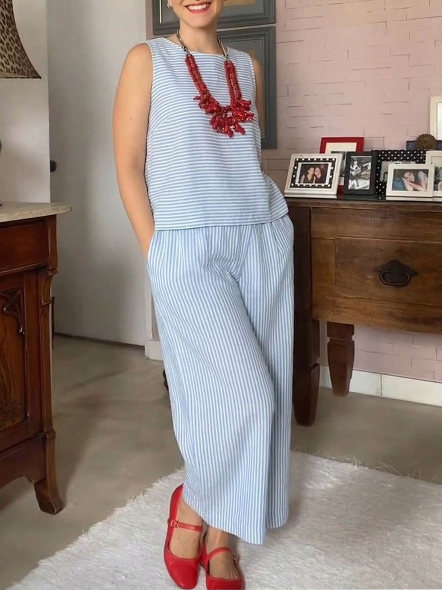Women's Striped Print Crew Neck Sleeveless Loose-fit Cotton Top & High-waisted Wide-leg Cotton-linen Pants Set