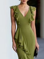 Layered Ruffles V-Neck Flowing Maxi Dress