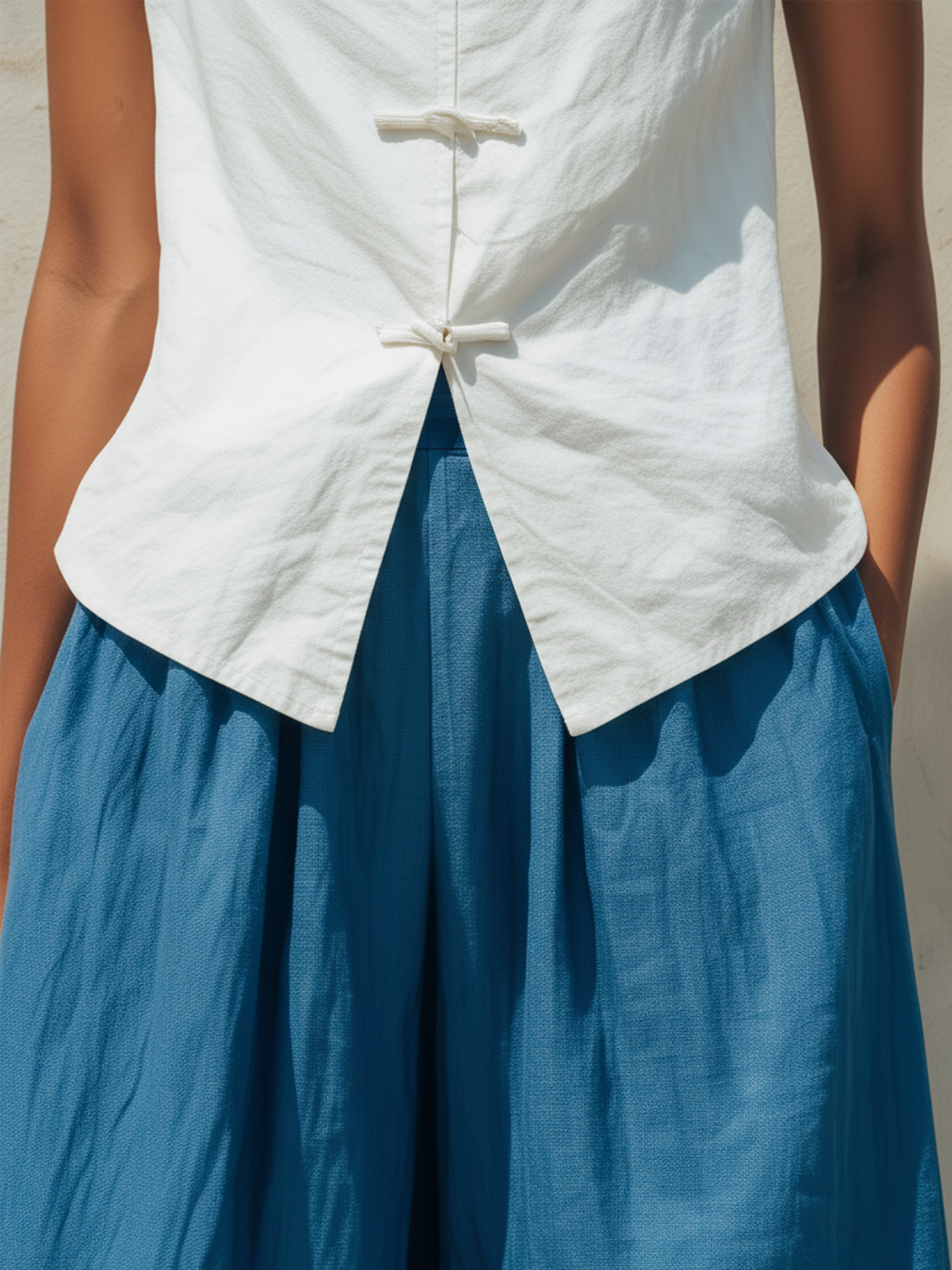 White Linen-Blend Frog-Button Vest & Blue Wide-Leg Pants Set