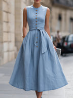 Elegant A-line Sleeveless Linen And Cotton Dress