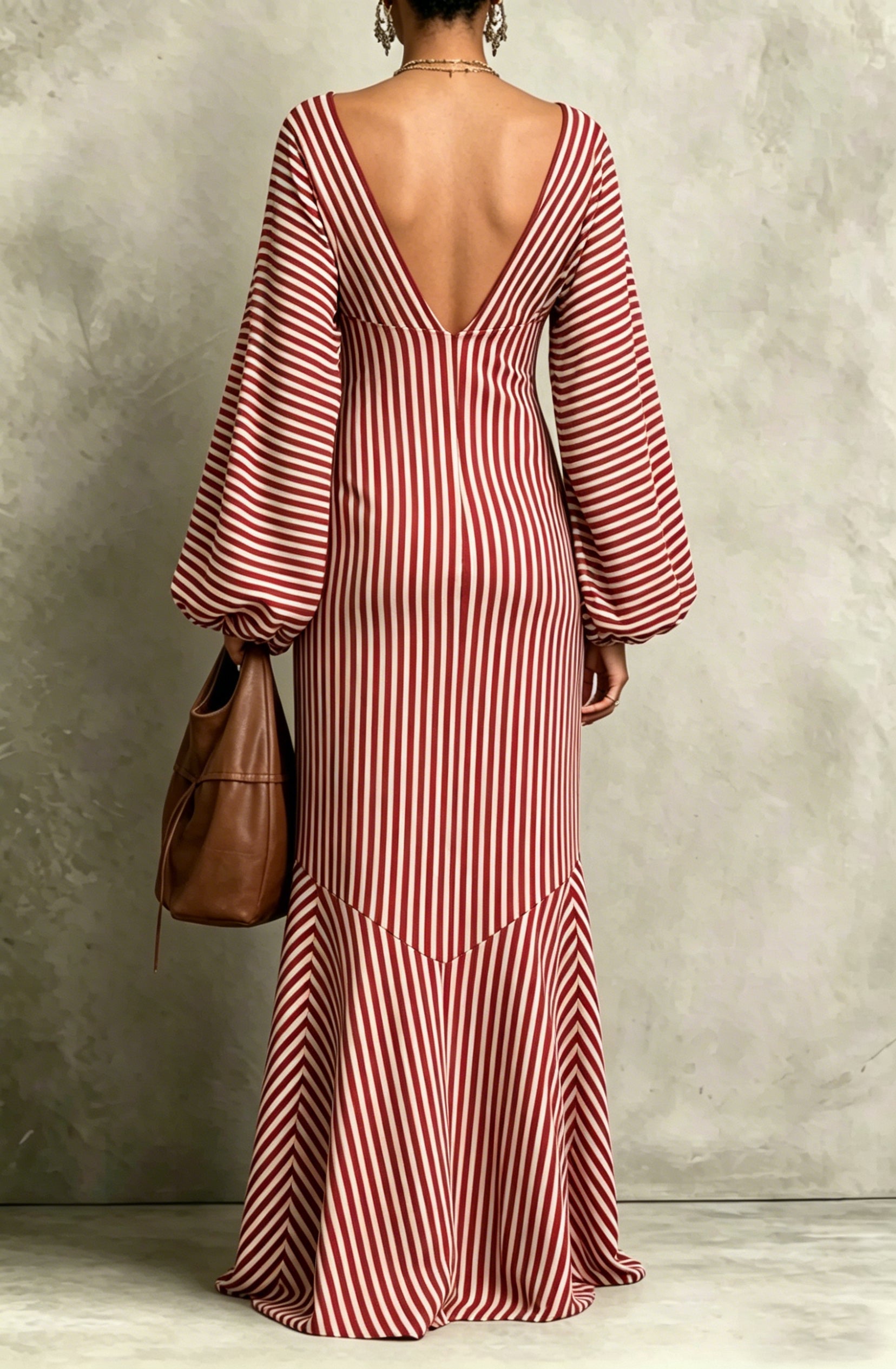 Retro Striped Lantern-sleeve Dress