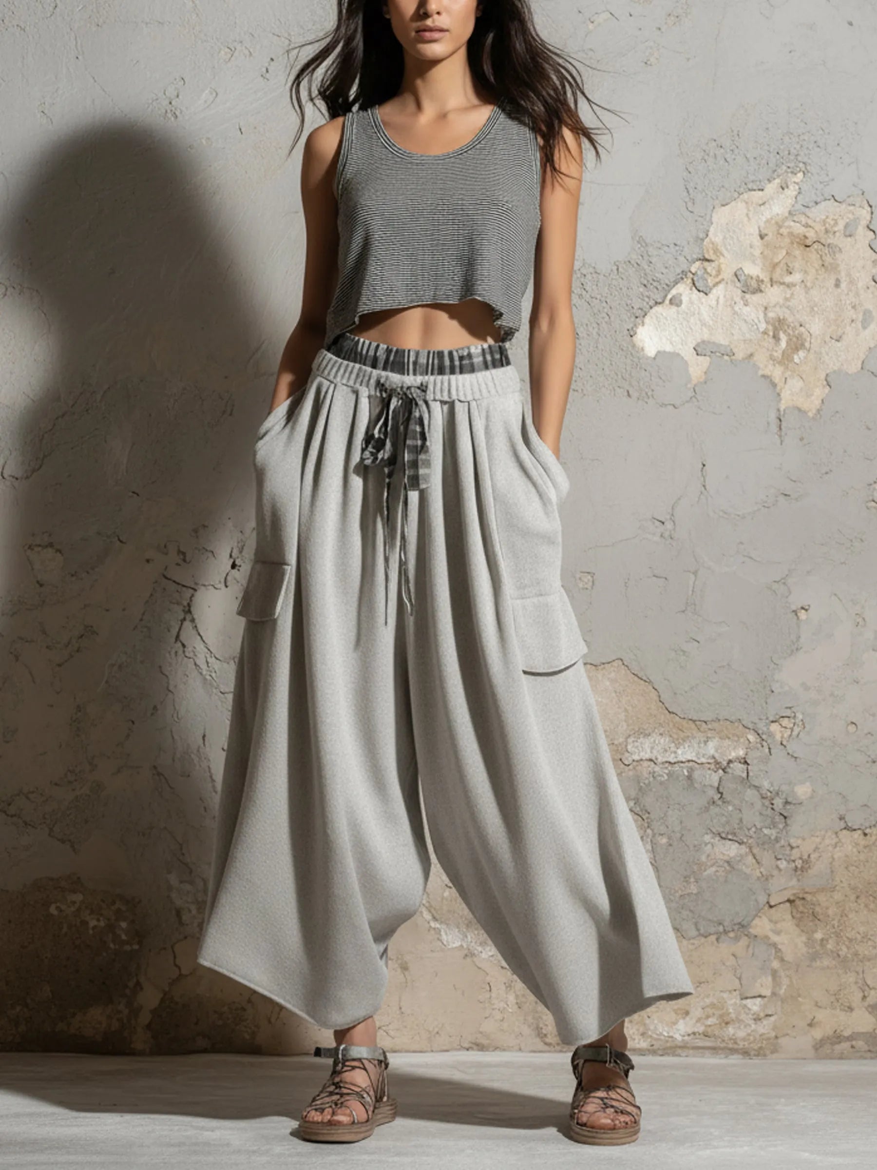 Gray Knit Cargo Balloon Pants