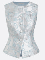 Women White Jacquard Floral Buckle Crew Neck Sleeveless Dressy Top With Pants Two-Piece Set