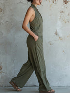 Olive Washed Denim Utility Halter Jumpsuit