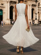 White Polka Dots Ruched Chiffon Crew Neck Sleeveless A-Line Maxi Dress