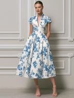 Vintage-Inspired Azure Floral Pleated Midi Dress