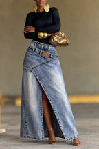 High Waist Asymmetric Wrap Denim Maxi Skirt