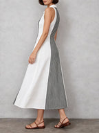 Women's Striped Flared Hem Color-block Lapel Linen Maxi Dress
